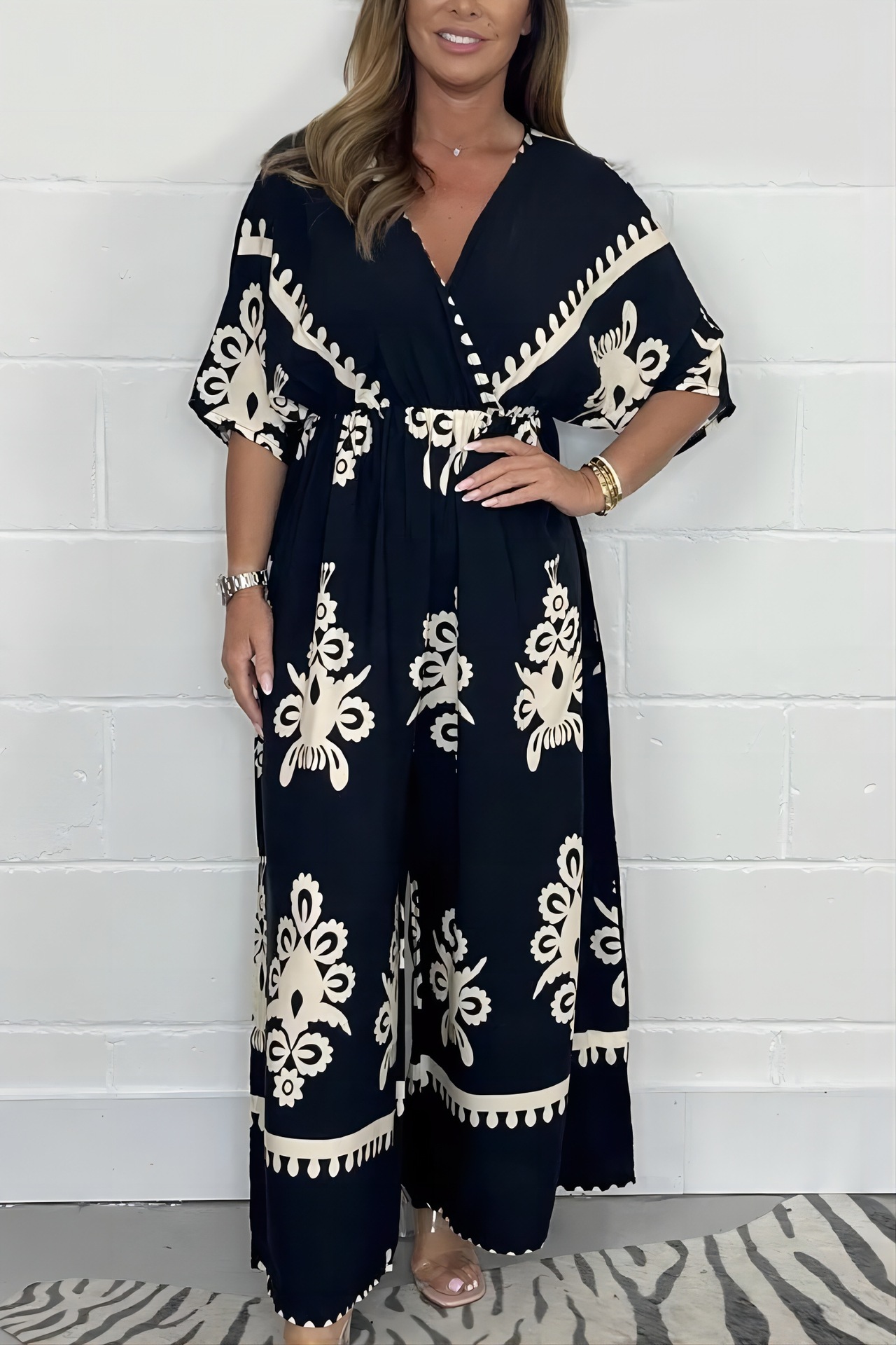 Elegant Boho V Neck Printed Wide Leg Jumpsuit (Buy 2 Free Shipping)
