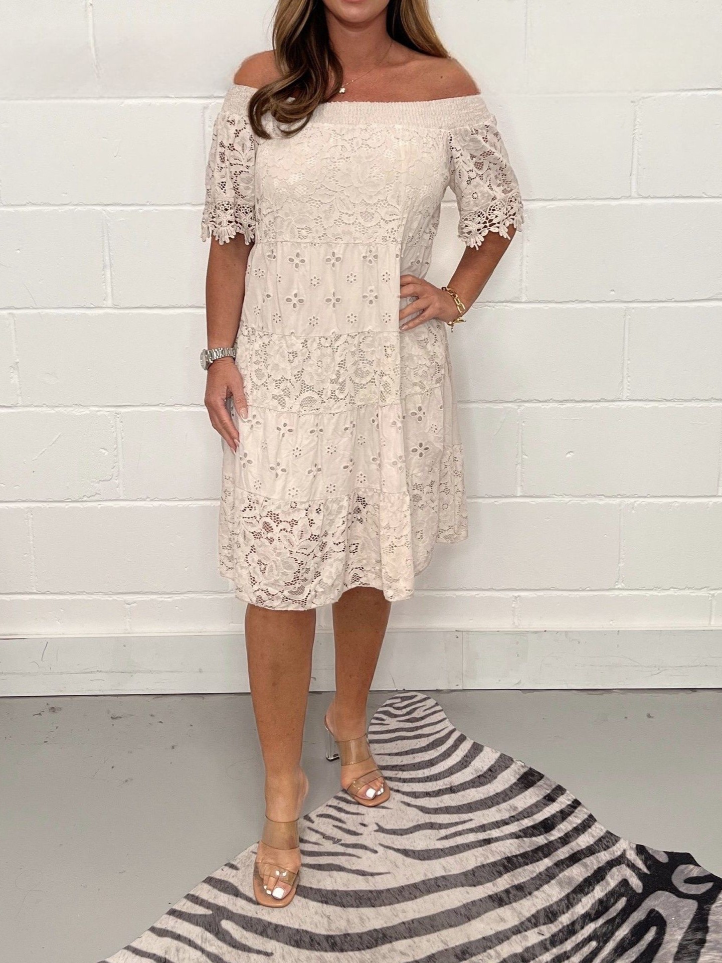 Elegant Off Shoulder Lace Tiered Midi Dress (Buy 2 Free Shipping)