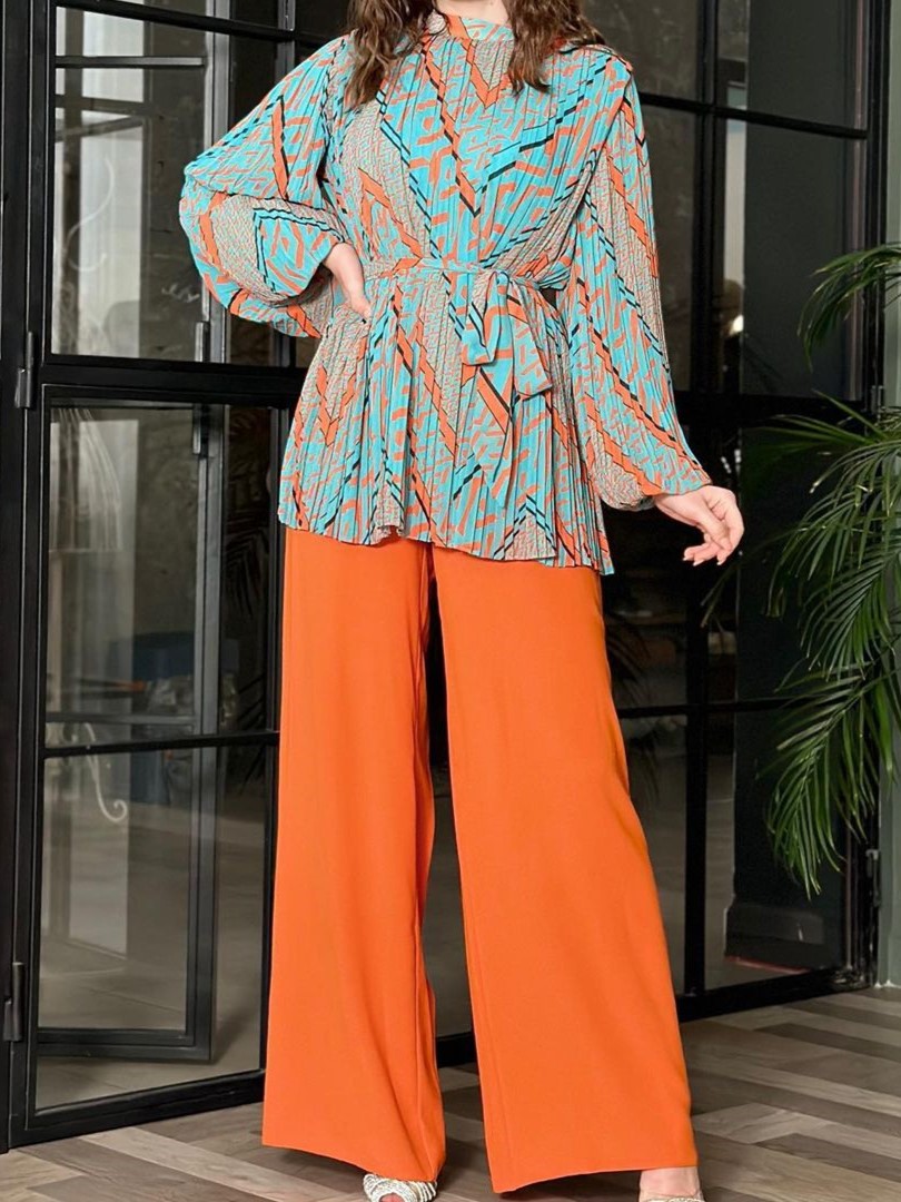 Chic Pleated Tie-Waist Printed Top and Wide Leg Pants Set (Buy 2 Free Shipping)
