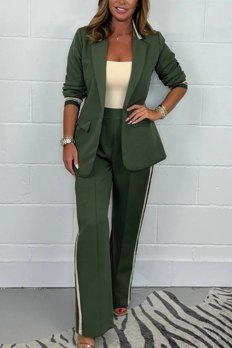 Colorblock Trim Blazer & Wide-Leg Pants Set (Buy 2 Free Shipping)