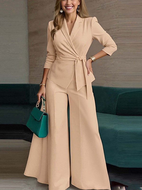 Elegant Tie Waist Blazer and Wide Leg Pants Set (Buy 2 Free Shipping)
