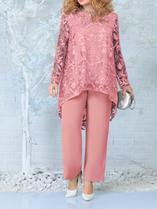 Elegant Lace Overlay Asymmetric Hem Top and Pants Set