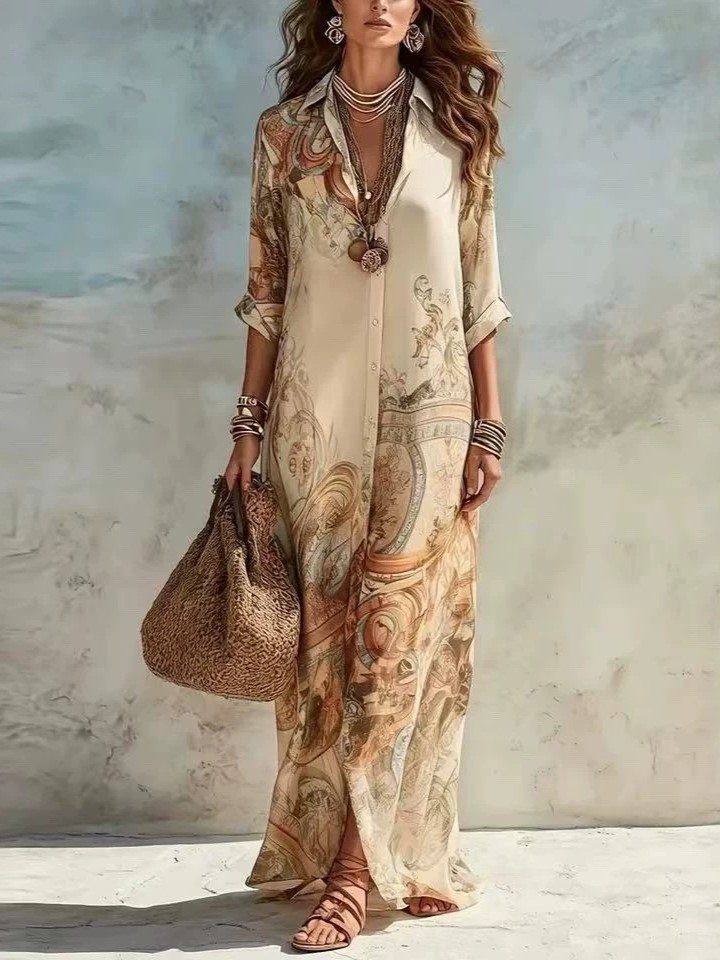 Boho Print Button Front Relaxed Maxi Shirt Dress
