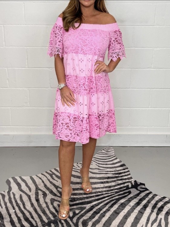 Elegant Off Shoulder Lace Tiered Midi Dress (Buy 2 Free Shipping)