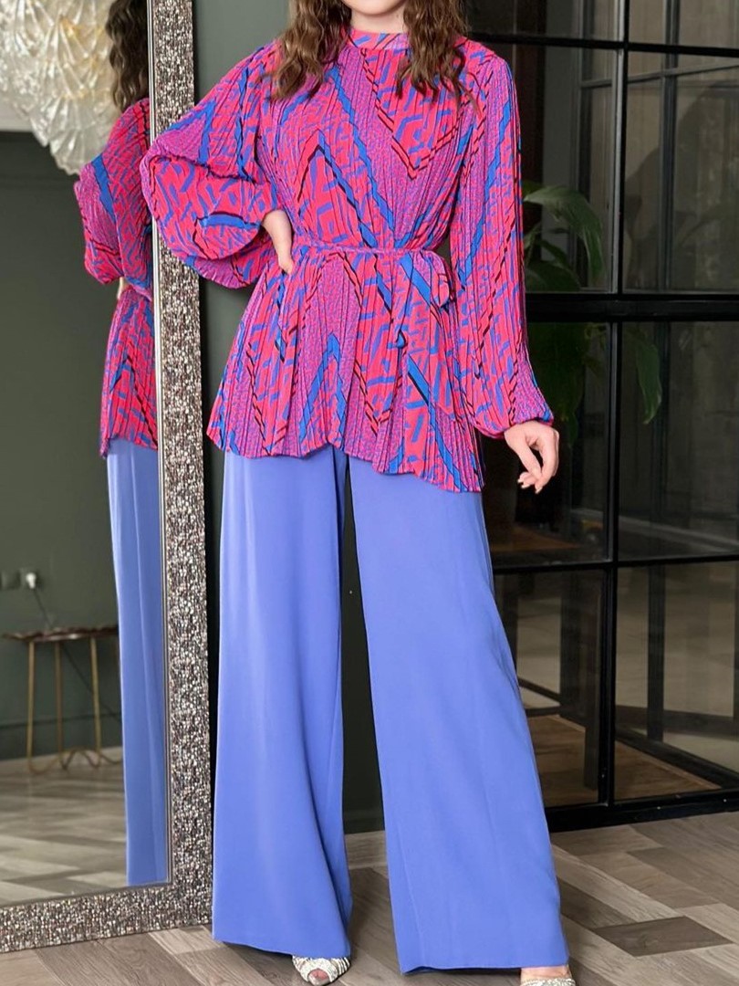 Chic Pleated Tie-Waist Printed Top and Wide Leg Pants Set (Buy 2 Free Shipping)