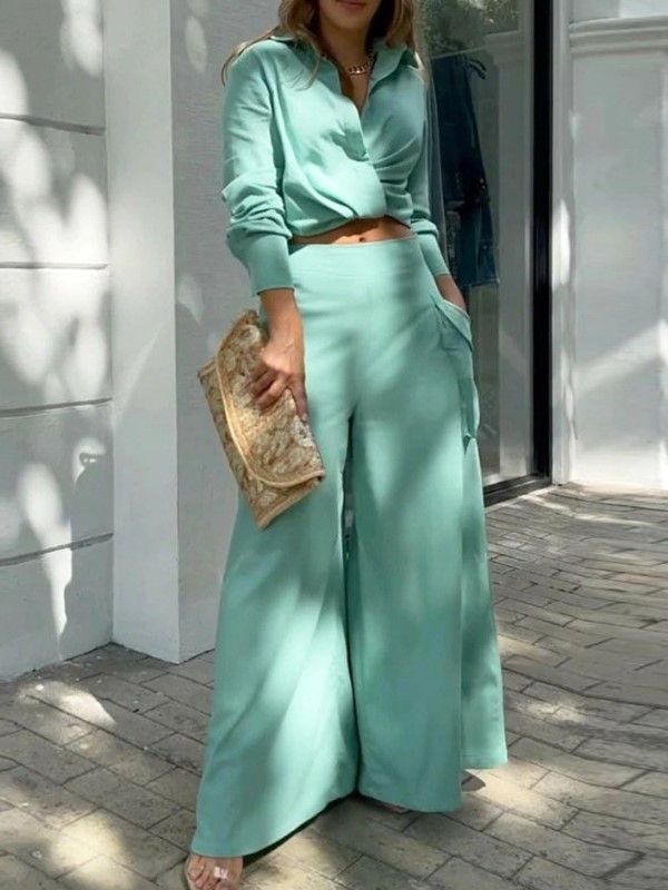 Elegant Collar Crop Top High Waist Wide Leg Pants Set
