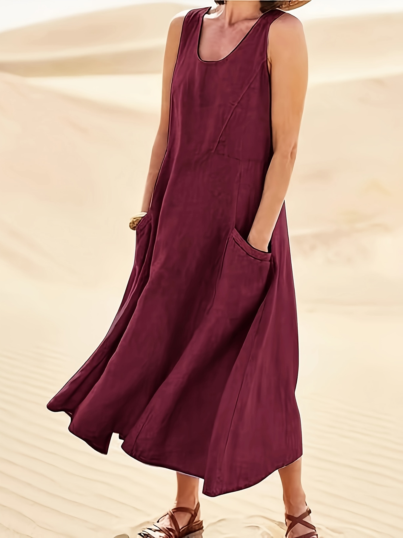 Casual Loose Fit Linen Pocket Midi Dress