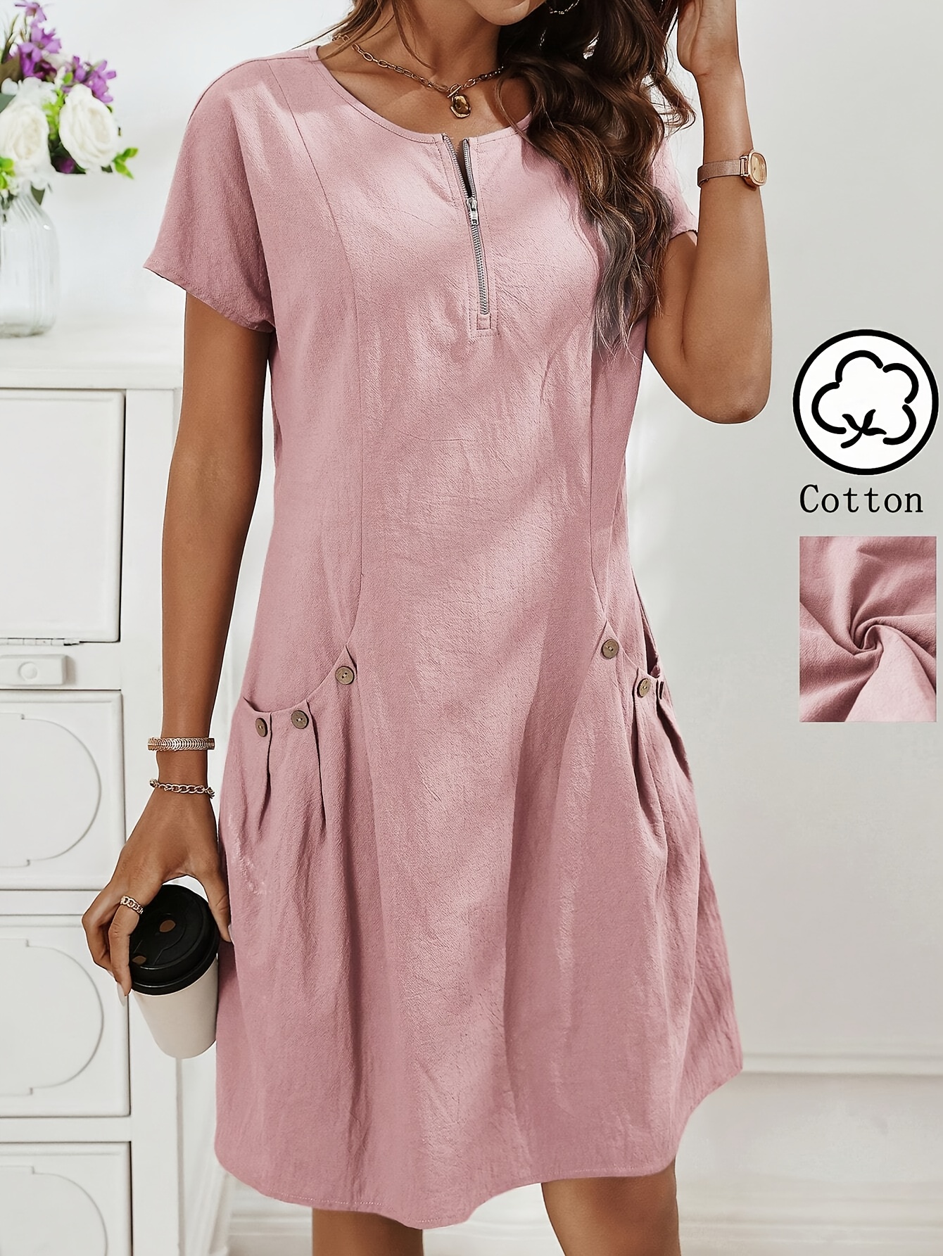 Casual Zip Front Pleated Pocket Cotton Dress (Buy 2 Free Shipping)