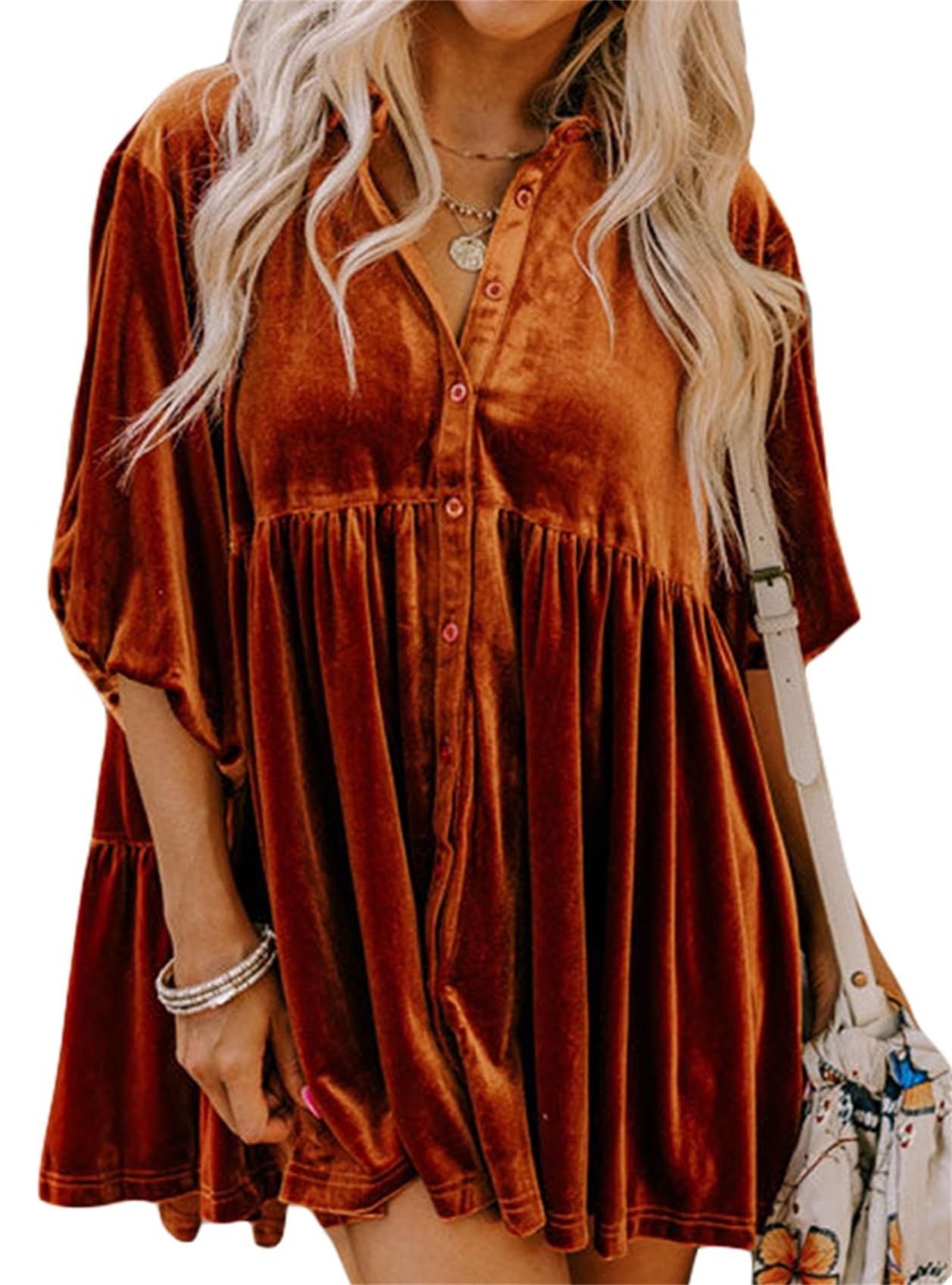 Womens Velvet Dress Button Down T Shirt 3/4 Sleeve Tunic Tops (Buy 2 Free Shipping)