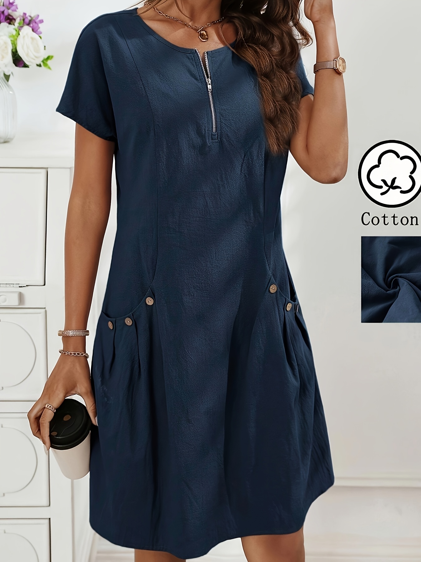 Casual Zip Front Pleated Pocket Cotton Dress (Buy 2 Free Shipping)