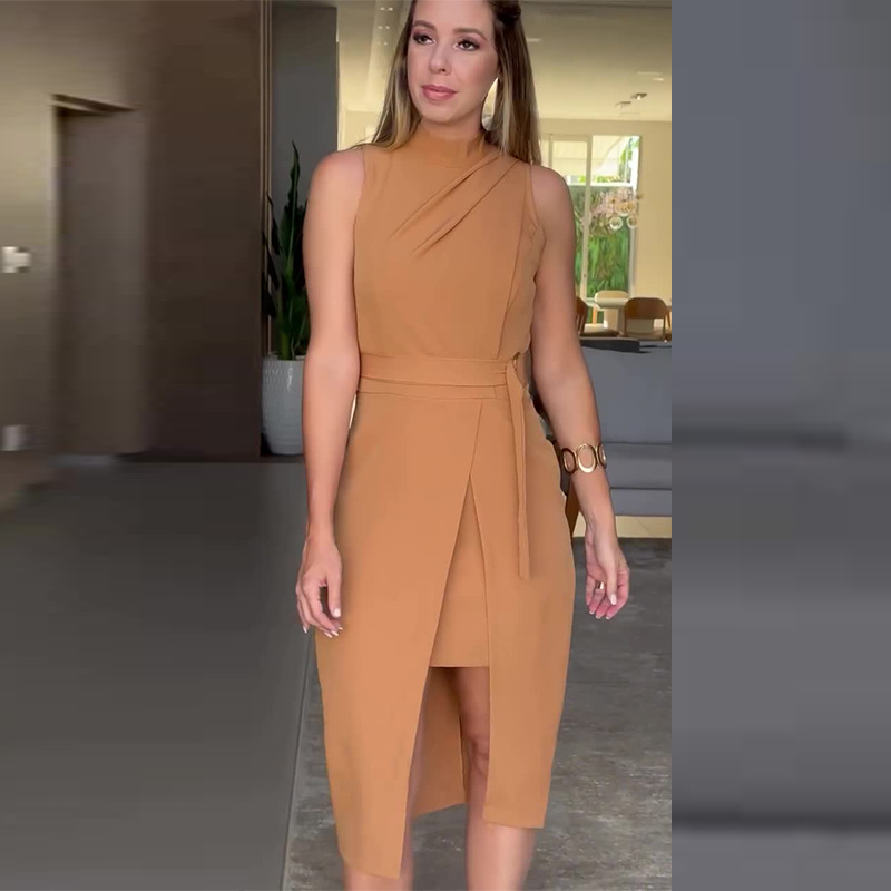 Side-Slit Belted Sleeveless Midi Dress (Buy 2 Free Shipping)