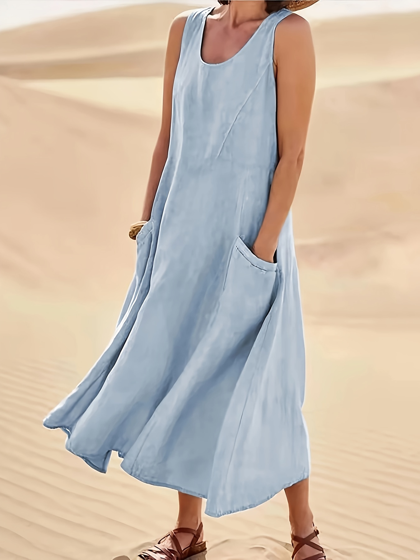 Casual Loose Fit Linen Pocket Midi Dress