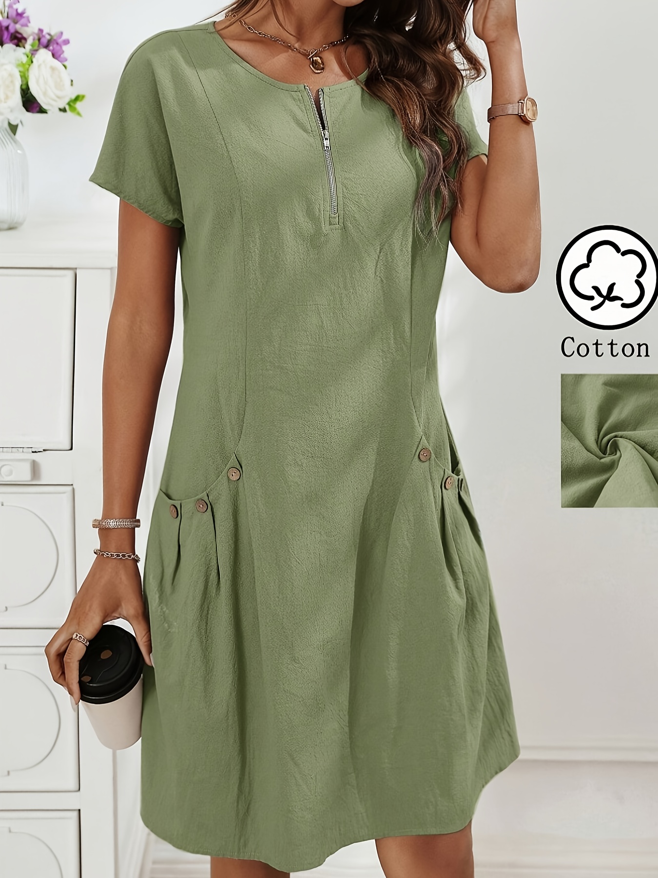 Casual Zip Front Pleated Pocket Cotton Dress (Buy 2 Free Shipping)
