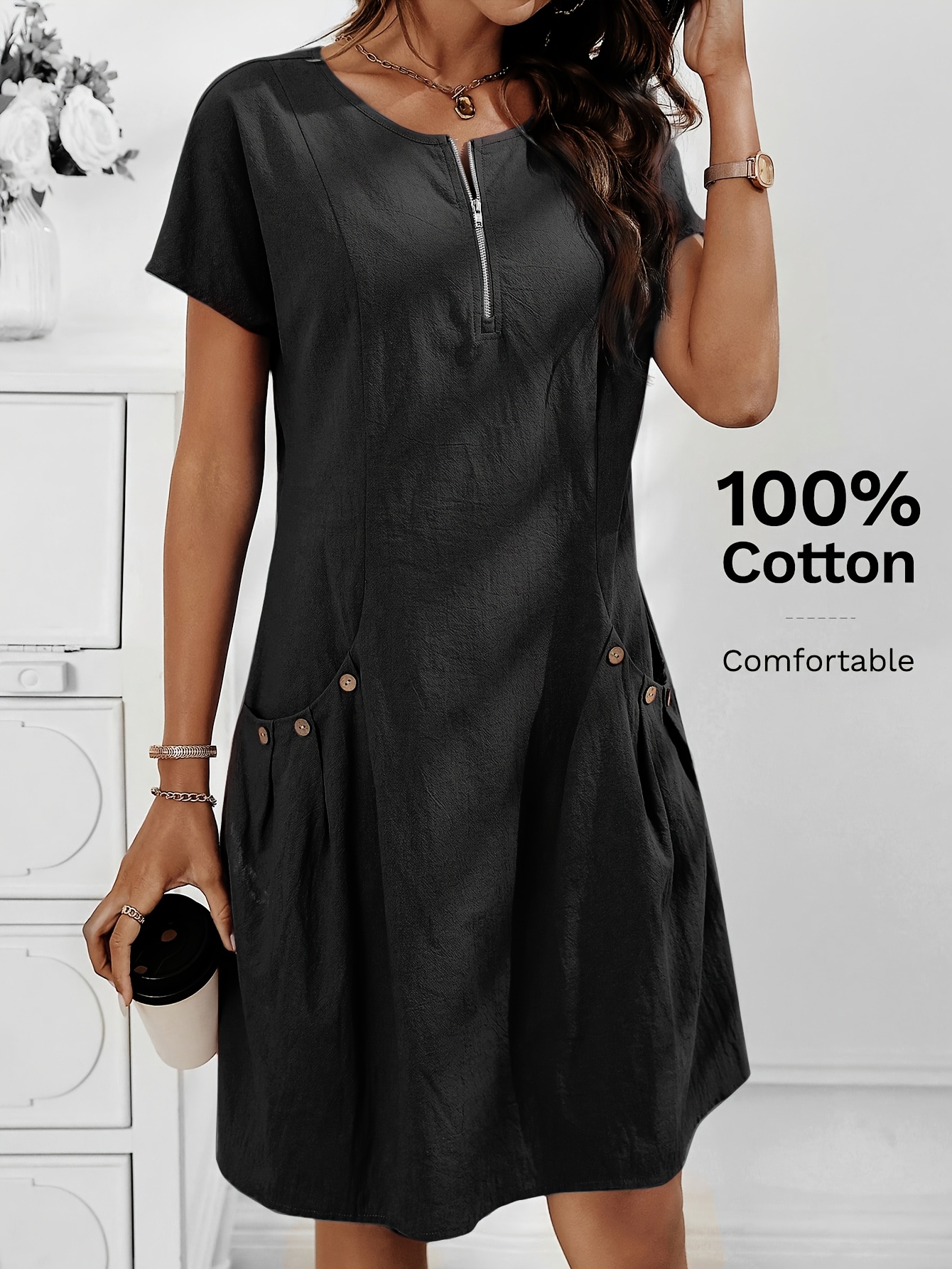 Casual Zip Front Pleated Pocket Cotton Dress (Buy 2 Free Shipping)