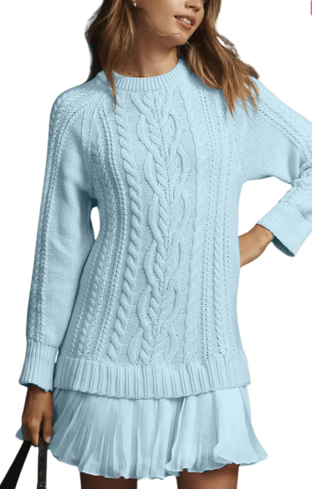 Casual Cable Knit Long Sleeve Pleated Hem Dress (Buy 2 Free Shipping)