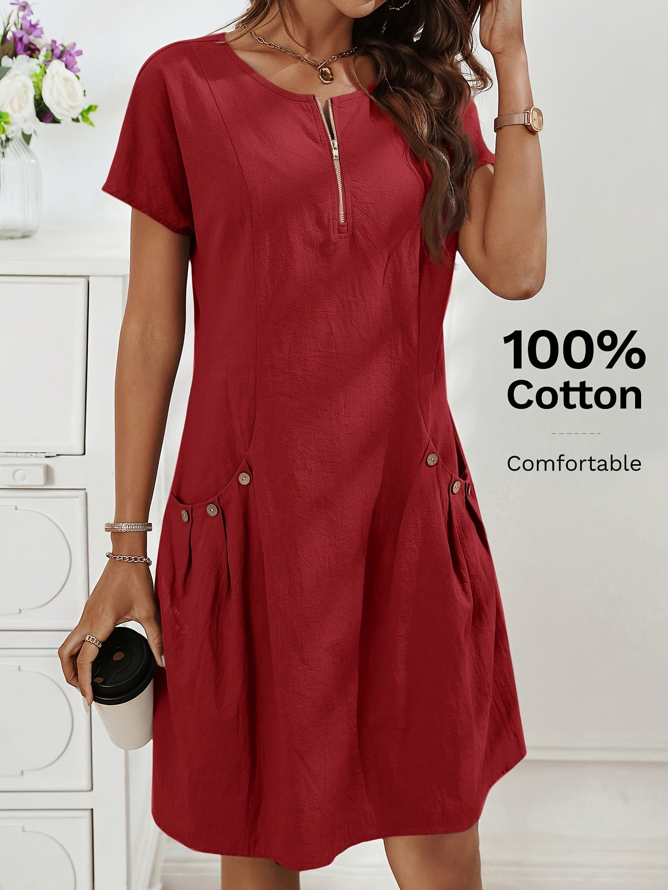 Casual Zip Front Pleated Pocket Cotton Dress (Buy 2 Free Shipping)