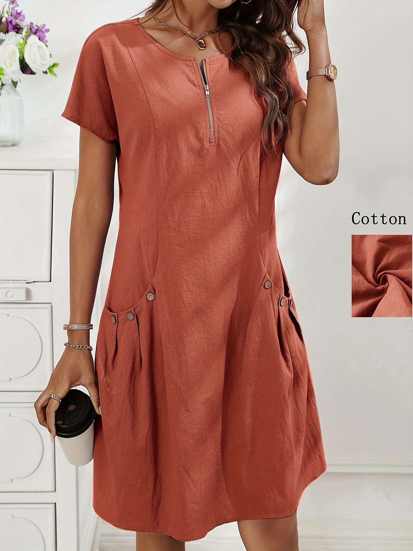 Casual Zip Front Pleated Pocket Cotton Dress (Buy 2 Free Shipping)