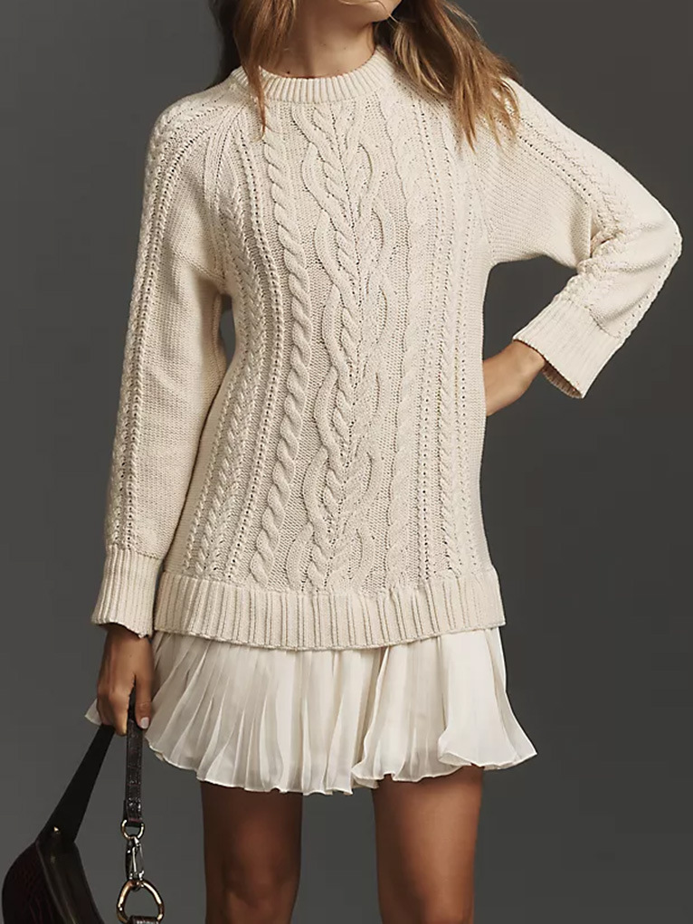 Casual Cable Knit Long Sleeve Pleated Hem Dress (Buy 2 Free Shipping)