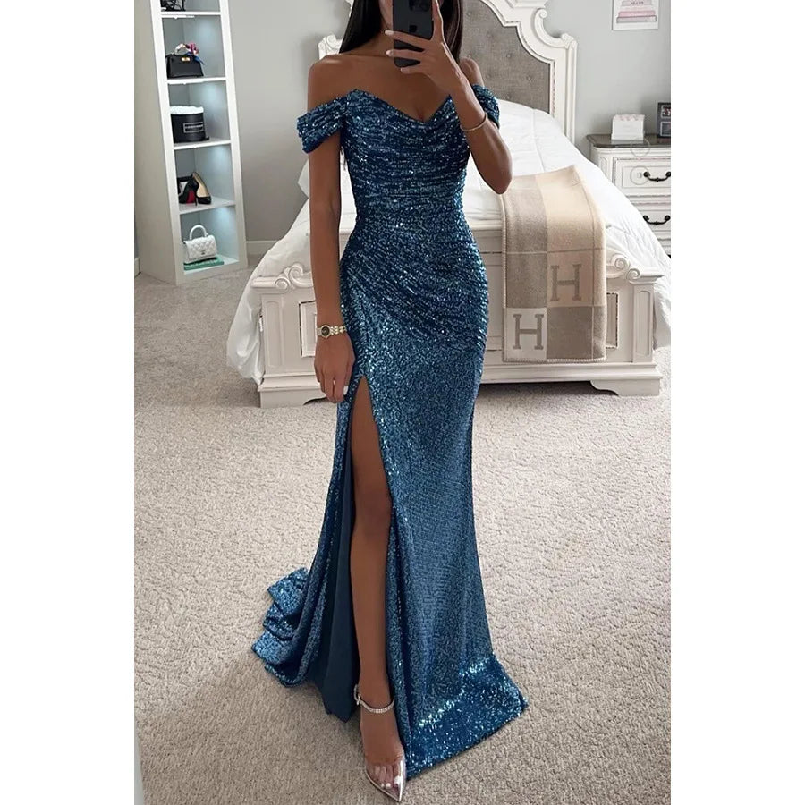 Sequin Off-Shoulder Maxi Dress Elegant Evening Glamour (Buy 2 Free Shipping)