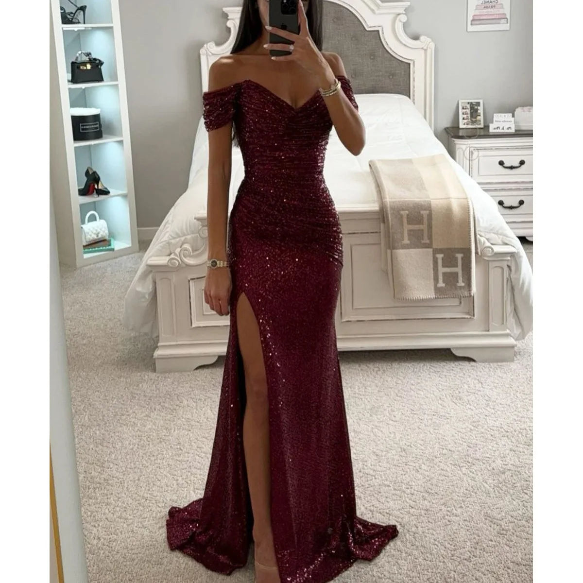 Sequin Off-Shoulder Maxi Dress Elegant Evening Glamour (Buy 2 Free Shipping)