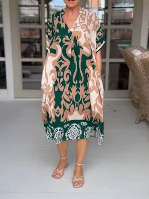 Boho Tribal Pattern Loose V Neck Midi Dress (Buy 2 Free Shipping)