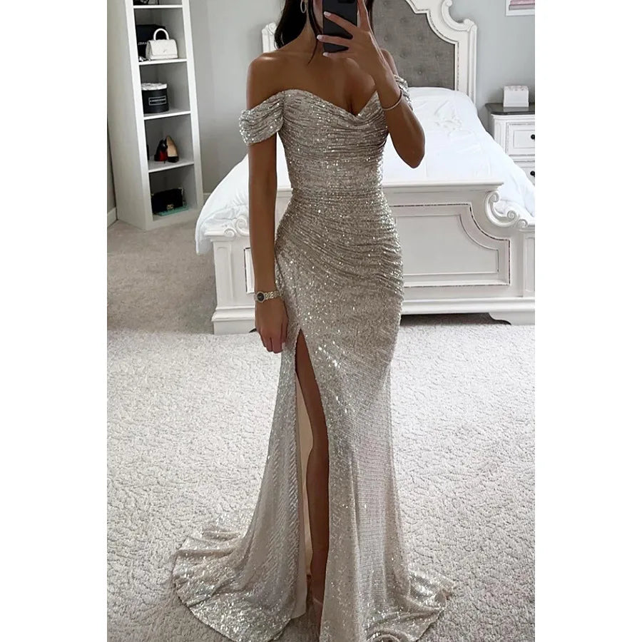 Sequin Off-Shoulder Maxi Dress Elegant Evening Glamour (Buy 2 Free Shipping)