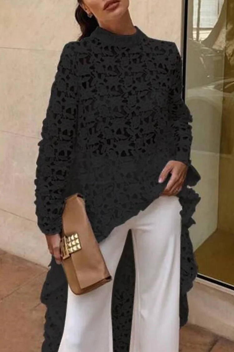 Elegant High Neck Lace Hollow Out Longline Top