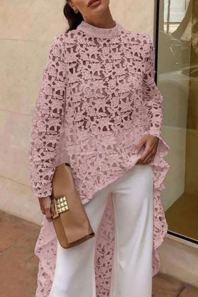 Elegant High Neck Lace Hollow Out Longline Top