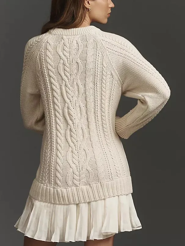 Casual Cable Knit Long Sleeve Pleated Hem Dress (Buy 2 Free Shipping)