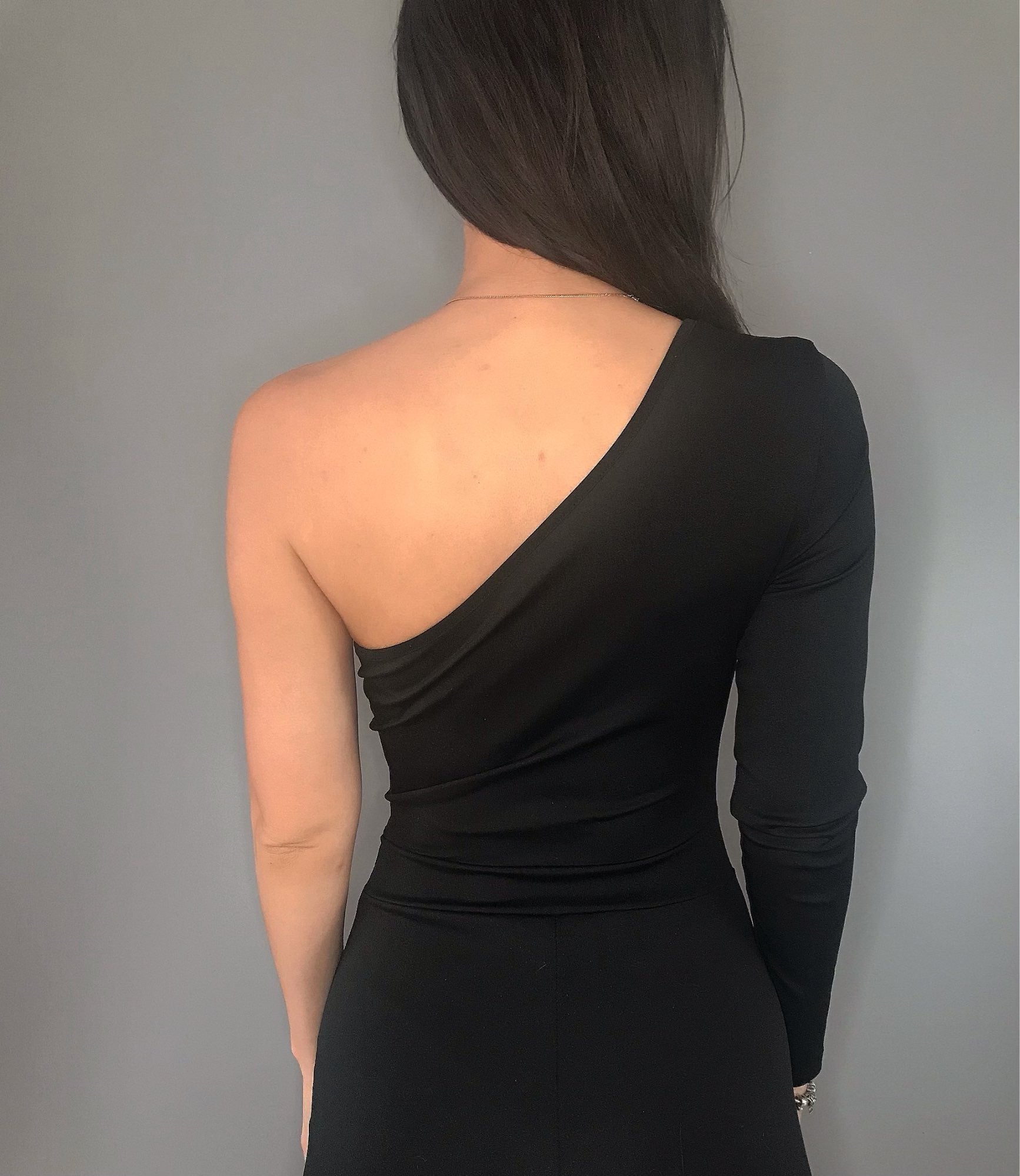 One Shoulder One Mesh Flare Jumpsuits