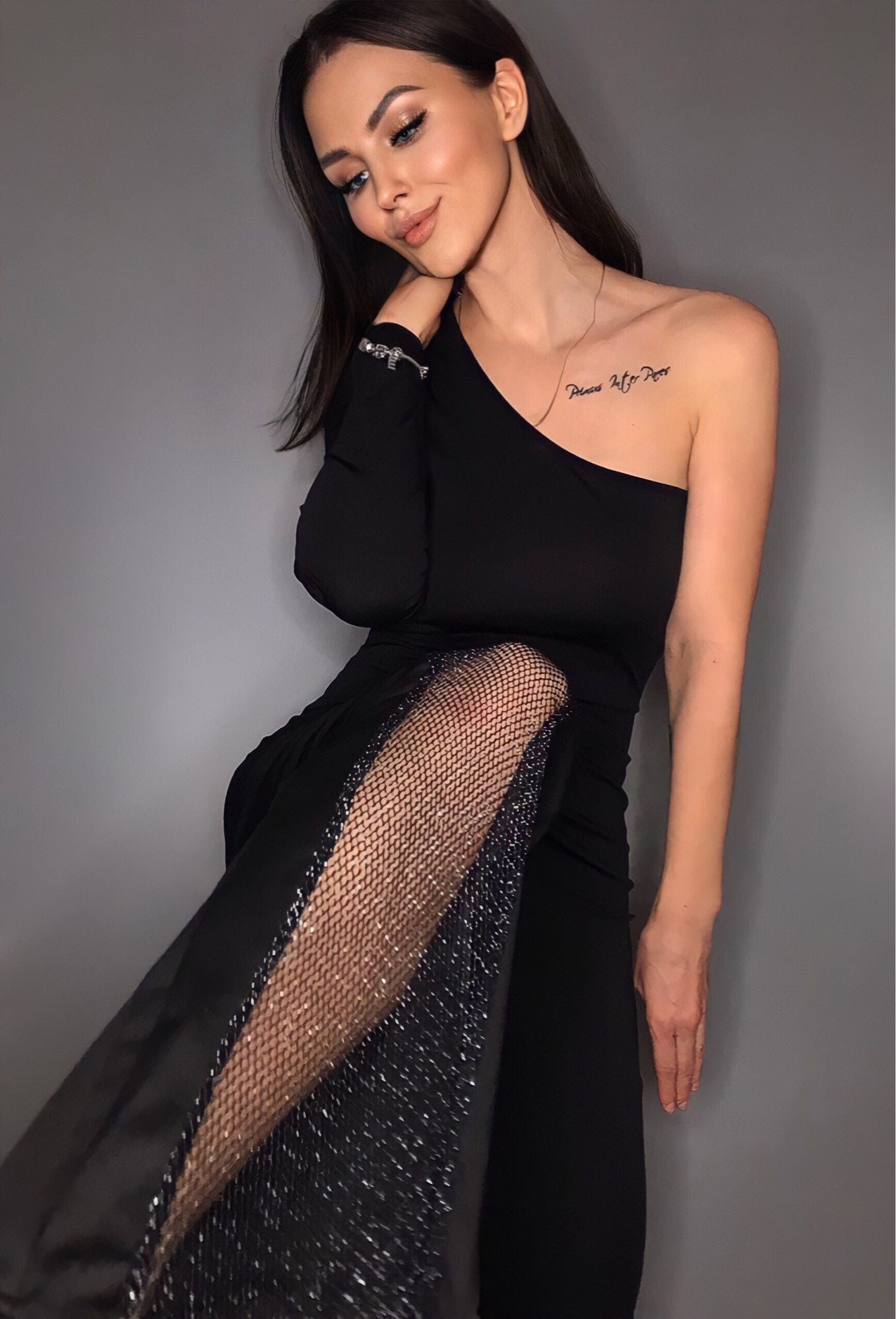 One Shoulder One Mesh Flare Jumpsuits