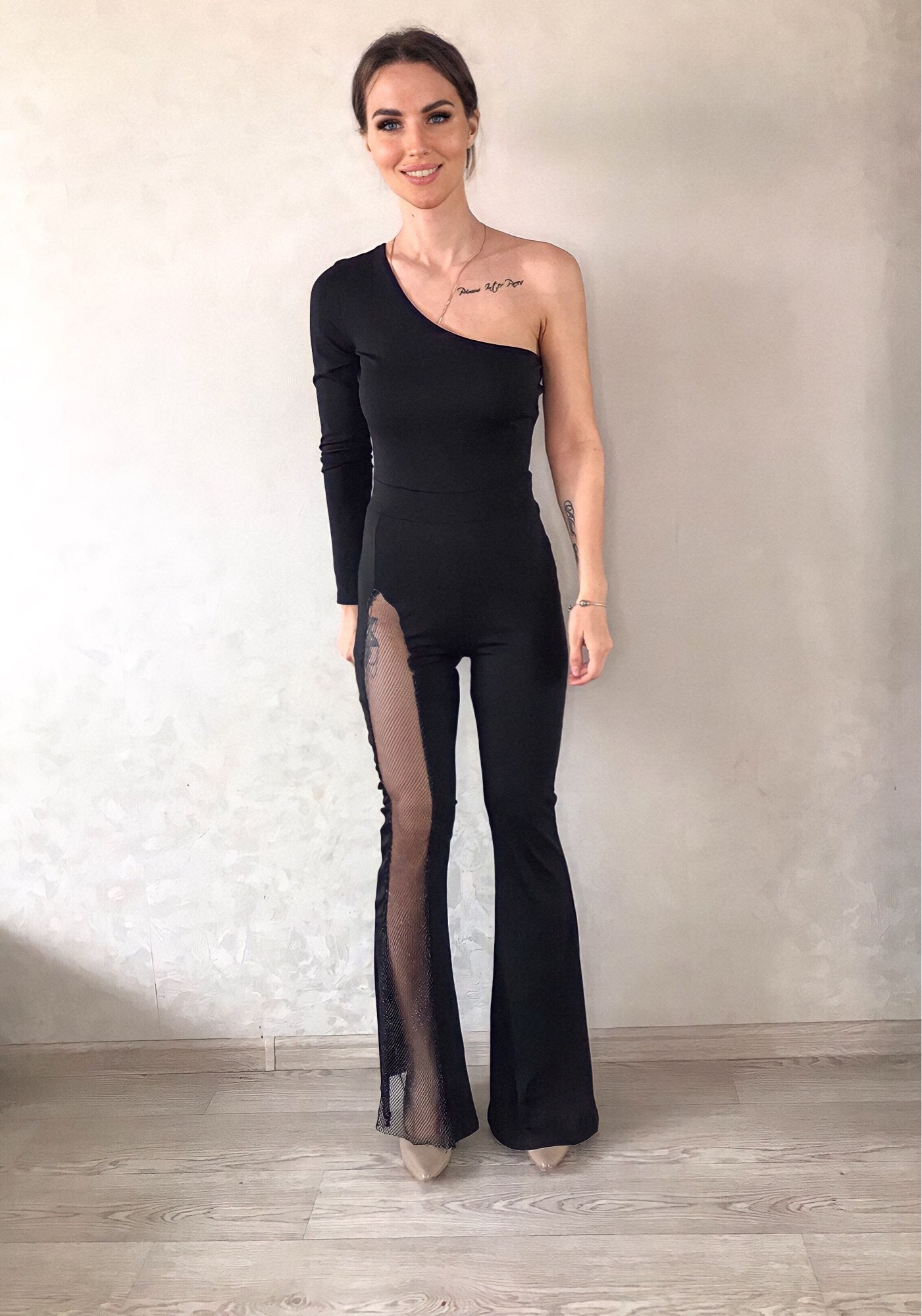 One Shoulder One Mesh Flare Jumpsuits