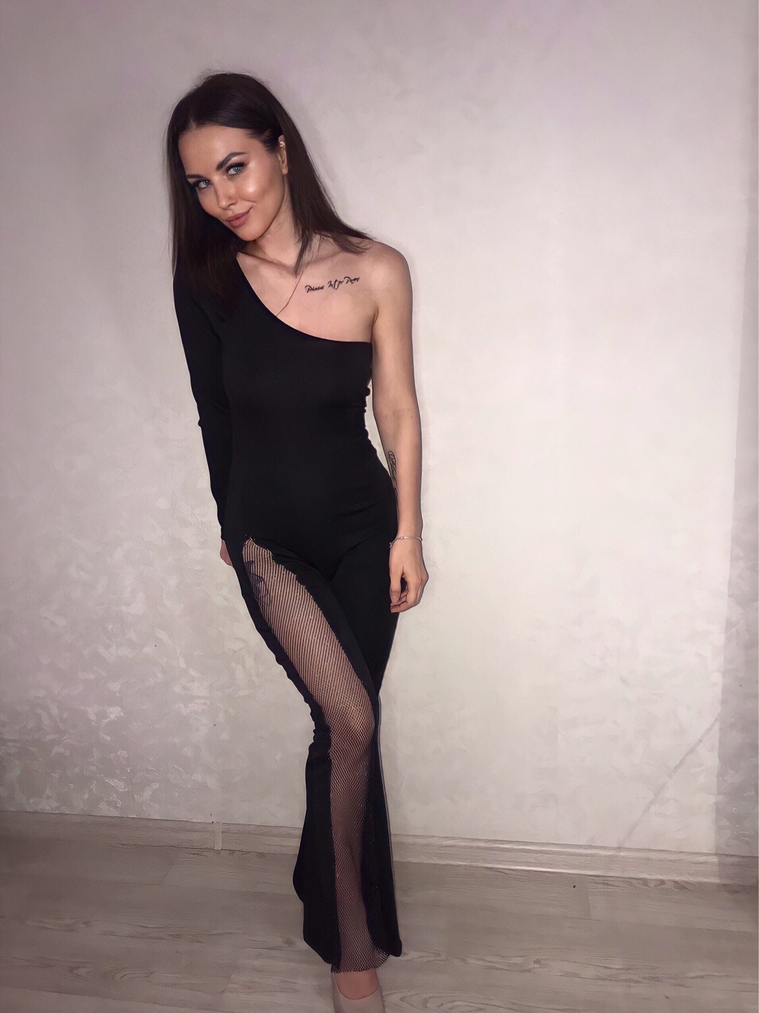 One Shoulder One Mesh Flare Jumpsuits