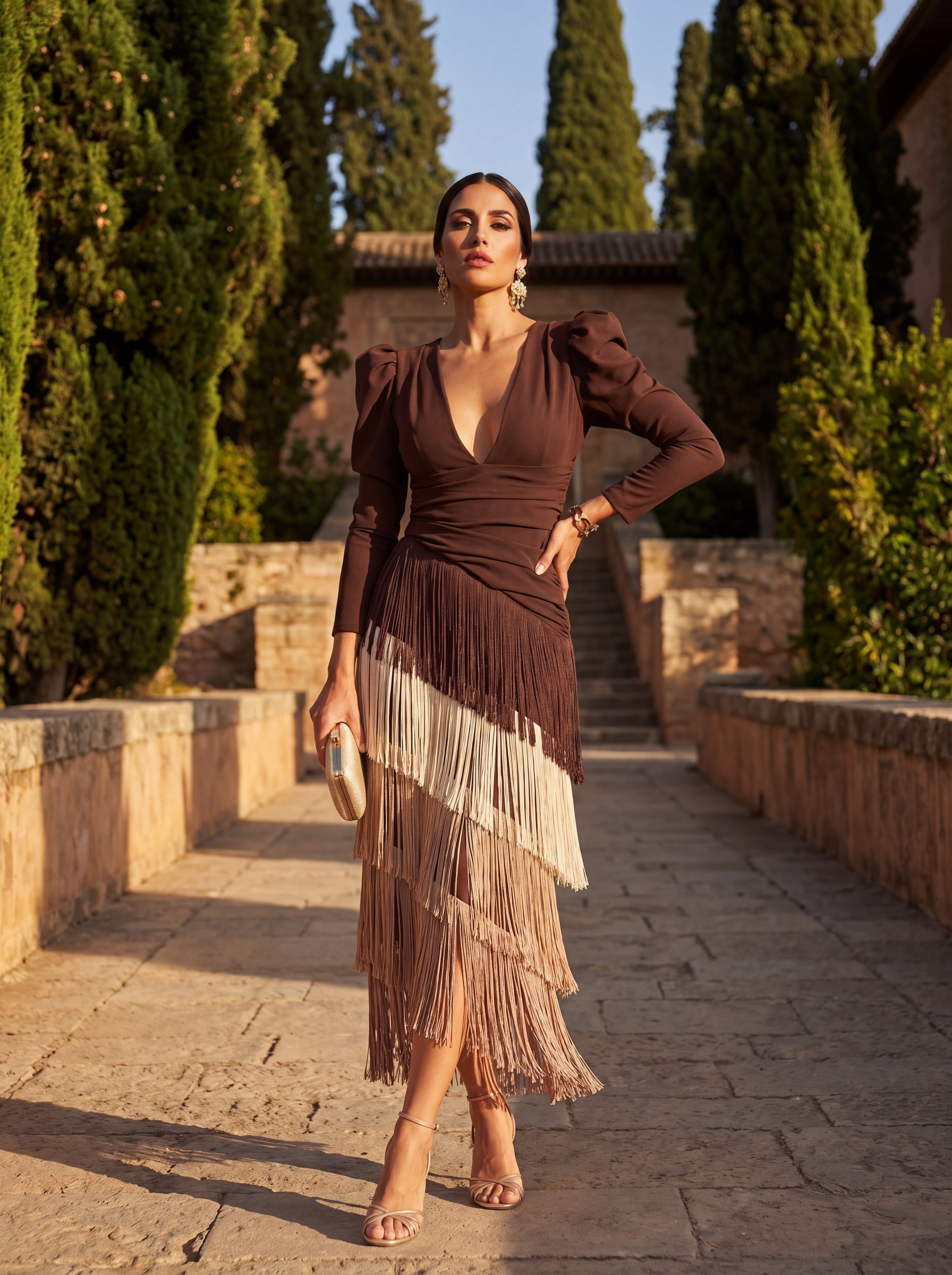 Elegant V-Neck Layered Fringe Dress