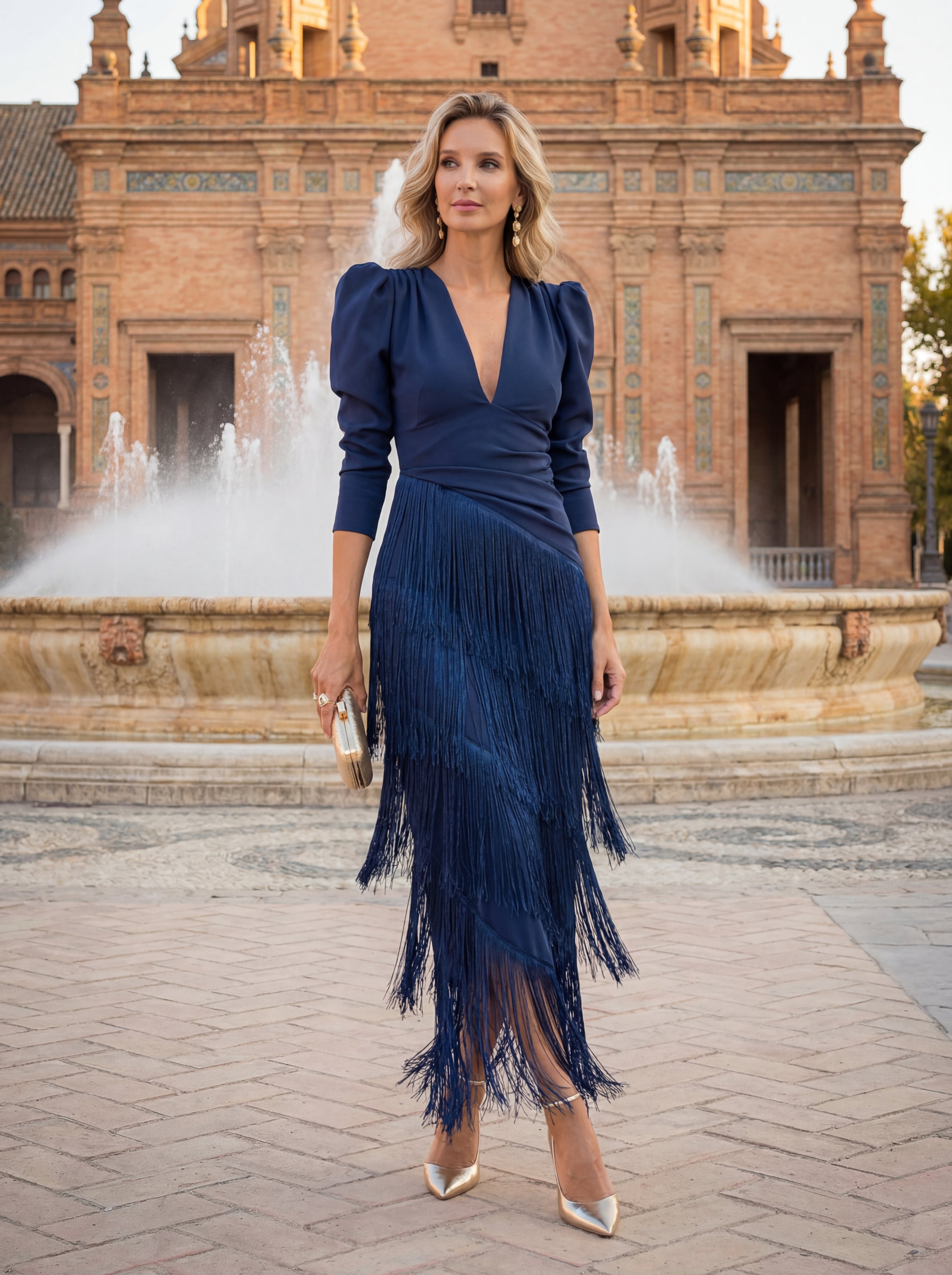 Elegant V-Neck Layered Fringe Dress
