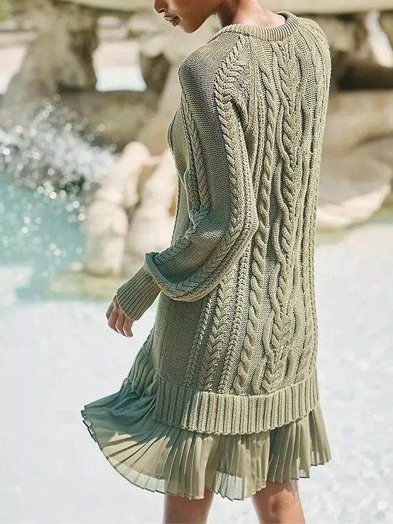 Casual Cable Knit Long Sleeve Pleated Hem Dress (Buy 2 Free Shipping)
