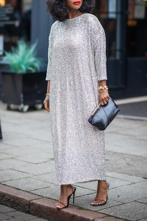 Glittery Sequin Drop Shoulder Maxi Dress (Buy 2 Free Shipping)