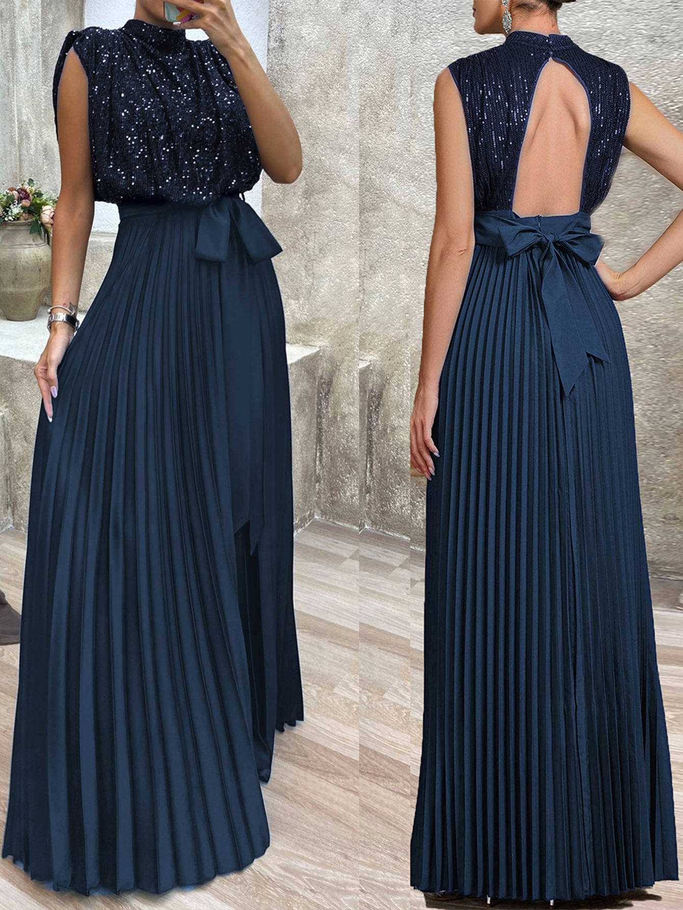 Elegant Sequin High Neck Backless Pleated Maxi Dress (Buy 2 Free Shipping)