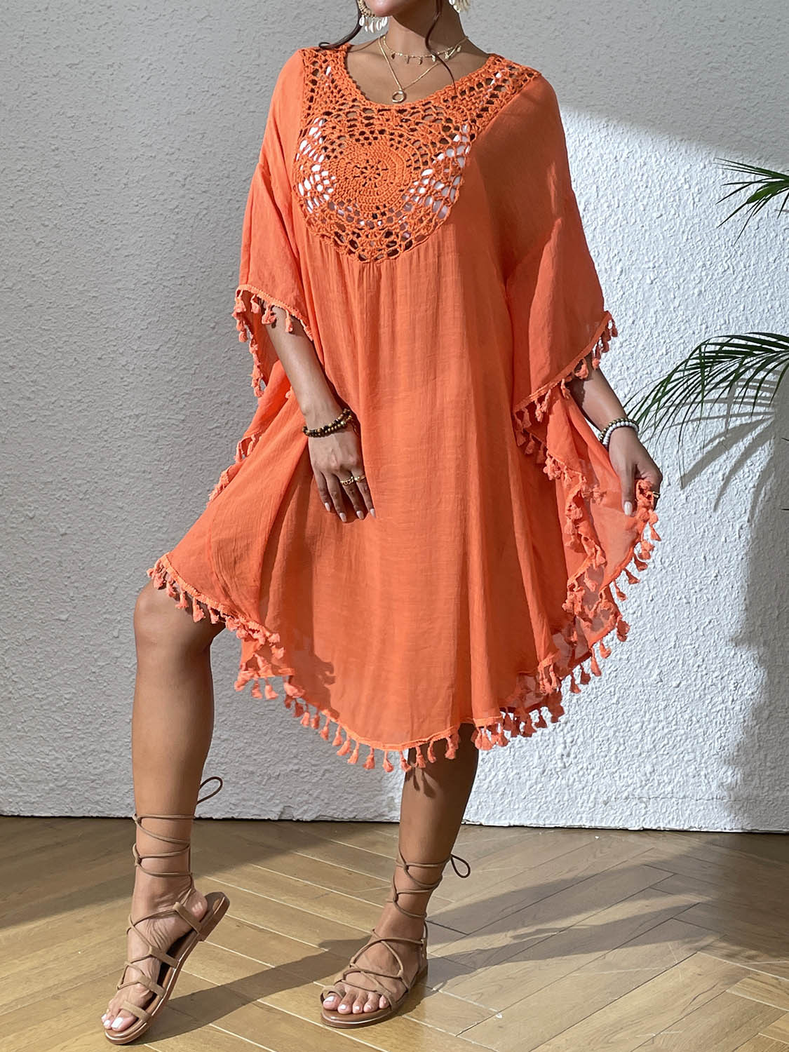 Boho Tassel Trim Crochet Yoke Loose Kaftan Dress