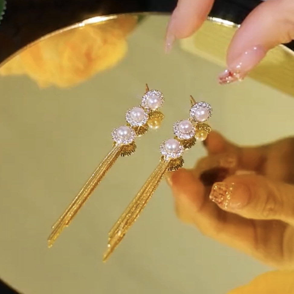 Elegant Pearl & Zircon Tassel Earrings
