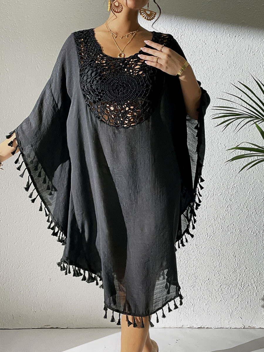 Boho Tassel Trim Crochet Yoke Loose Kaftan Dress