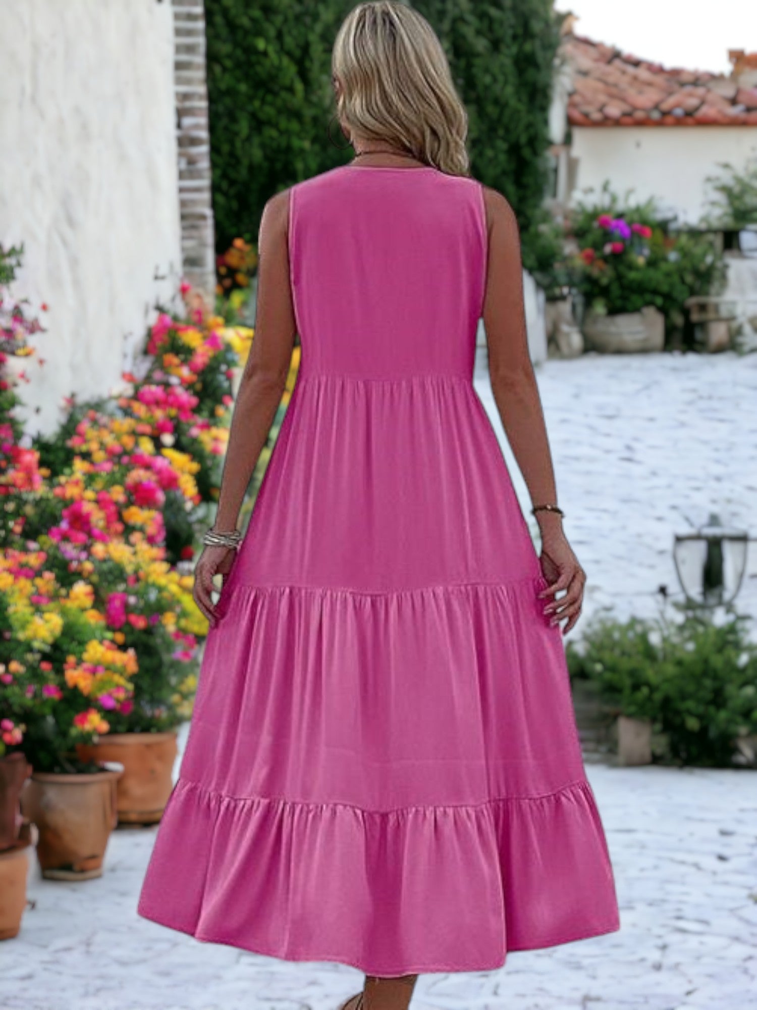 V-Neck Button Detailed Boho Midi Ruffle Dress For Women