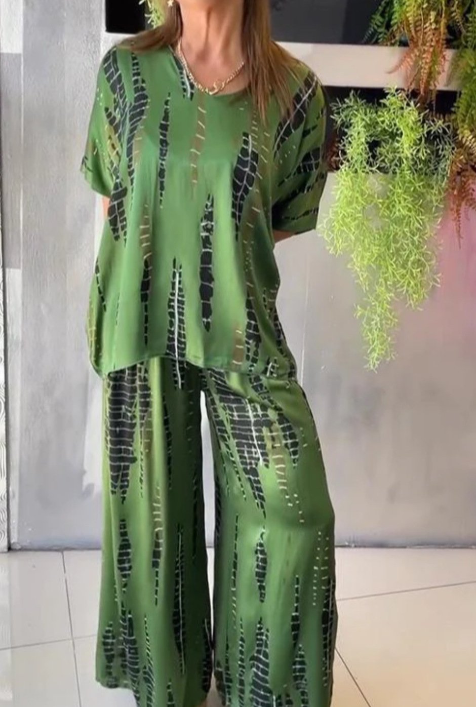 2 Piece Sets For Women Short Sleeve Oversized Blouses Tops Matching Wide Leg Pants