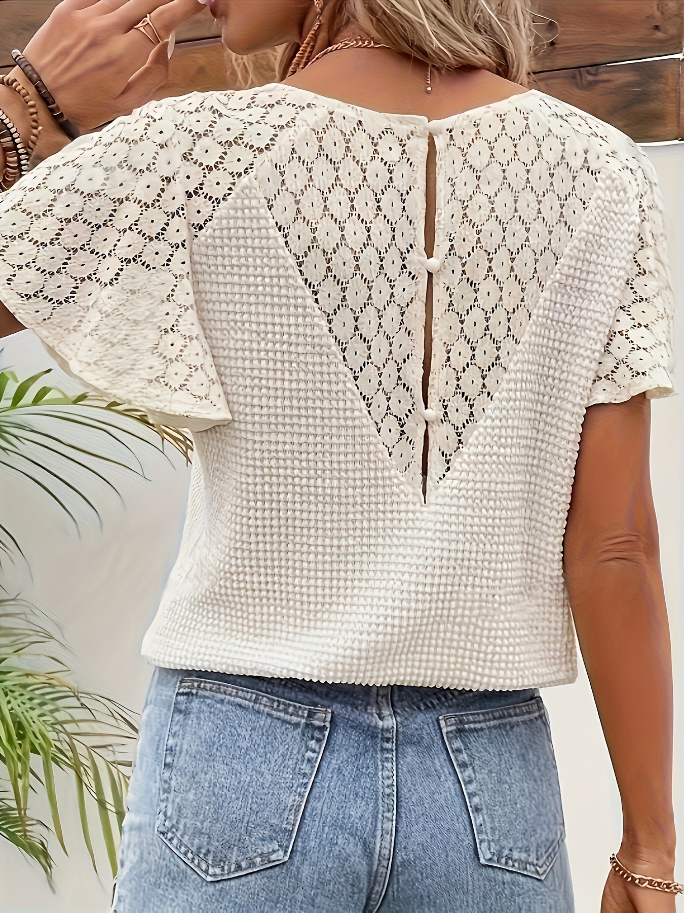 Lace Textured V-Neck Hollow Knit Flutter Sleeve Top