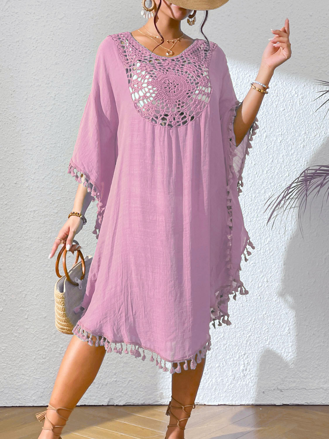 Boho Tassel Trim Crochet Yoke Loose Kaftan Dress