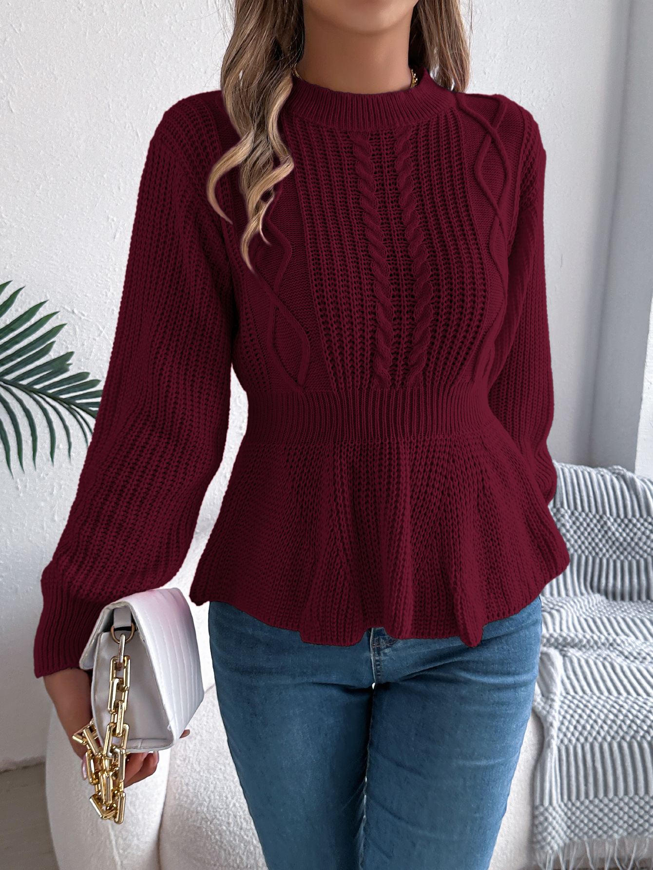 Textured Knit Waist Flare Hem Sweater Top 