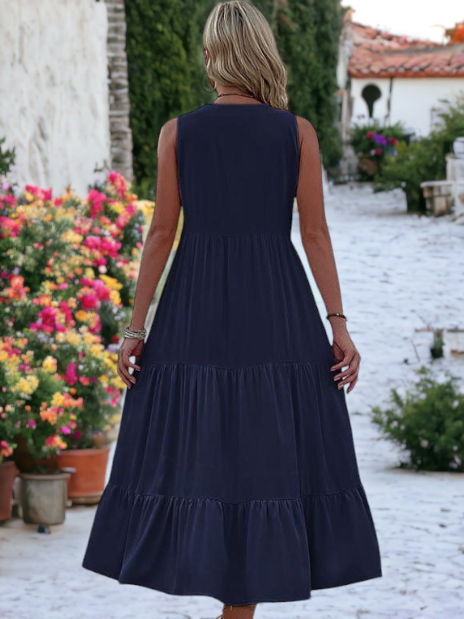 V-Neck Button Detailed Boho Midi Ruffle Dress For Women