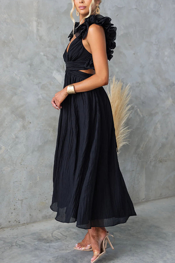 Floral Ruffle Detail Back Lace-up Elastic Waist Maxi Dress