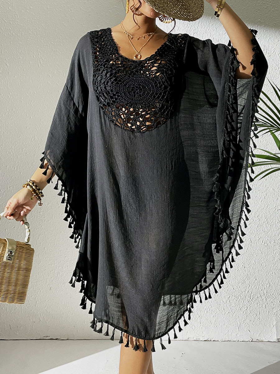 Boho Tassel Trim Crochet Yoke Loose Kaftan Dress