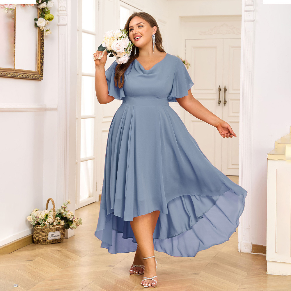 Plus Size Flutter Sleeve High-Low Chiffon Dress (Buy 2 Free Shipping)